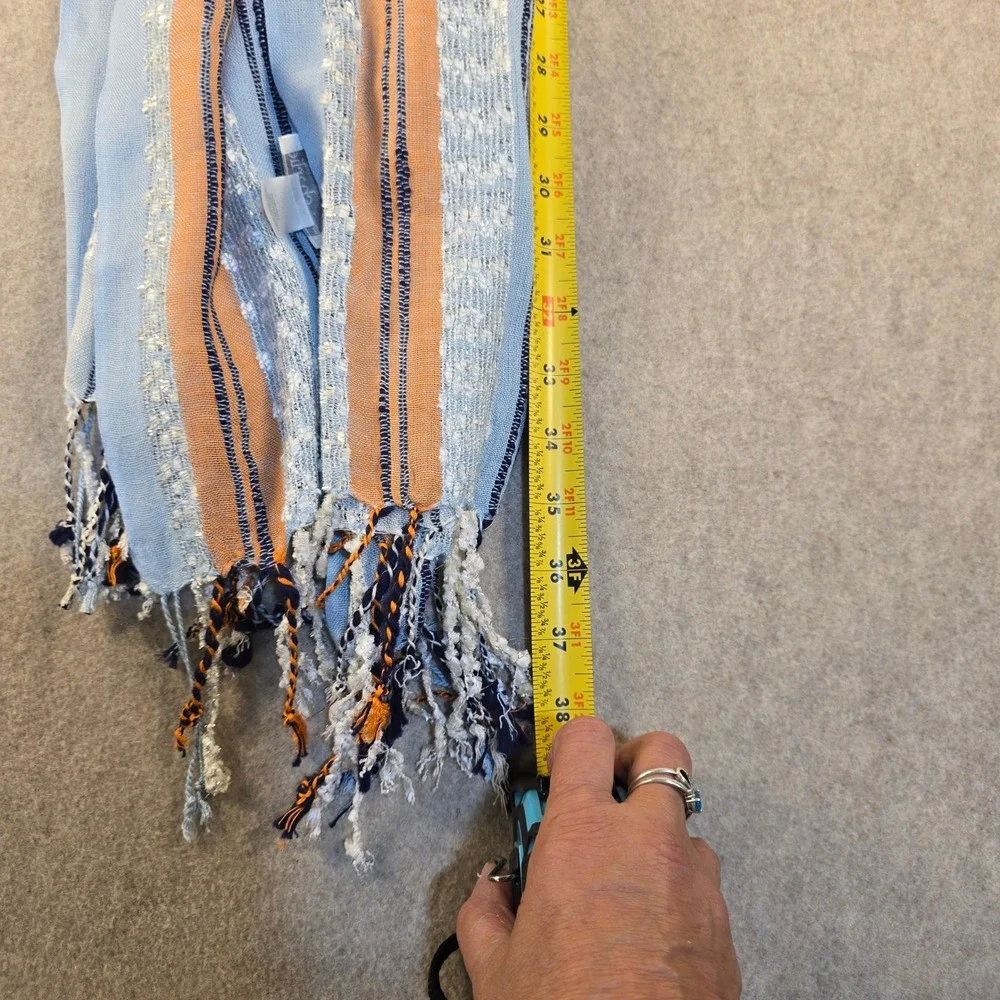 Charming Charlie Blue Orange Striped Metallic Fringe Scarf Lightweight Wrap